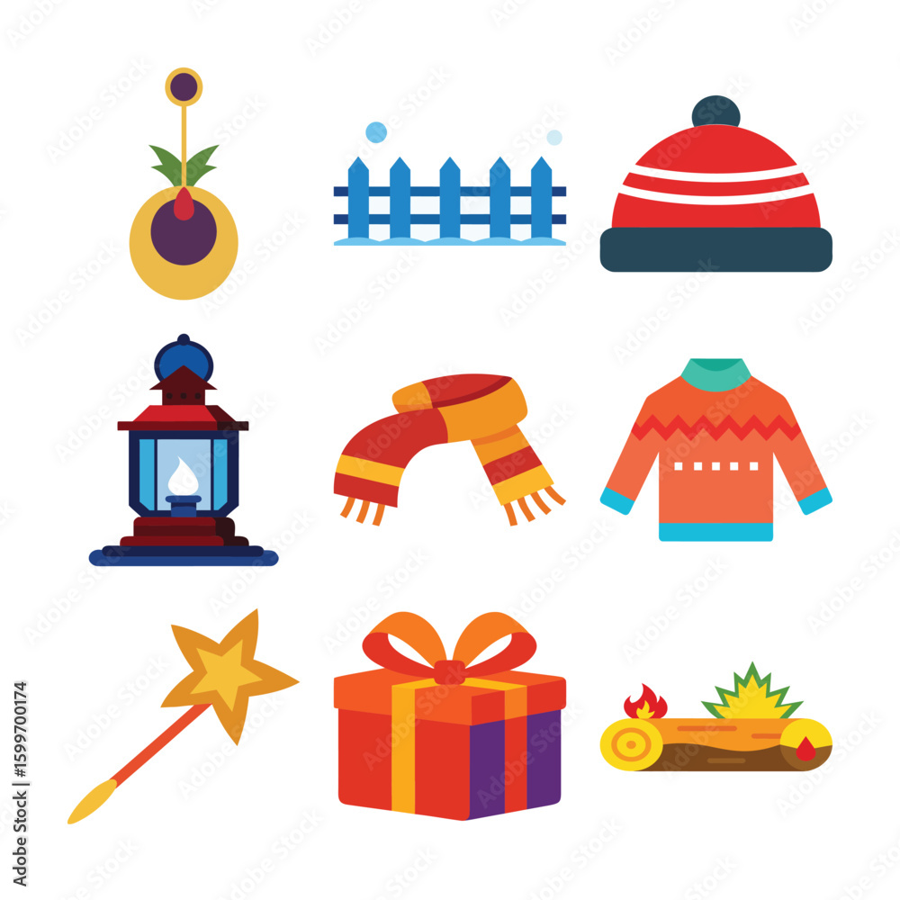 Fototapeta premium Christmas Winter Vector Icons – Gift, Hat, Scarf, Sweater, Lantern, Magic Wand, Log Fire, Ornament, Fence – Cozy Holiday Clipart for Cards, Crafts, Decorations & Seasonal Designs