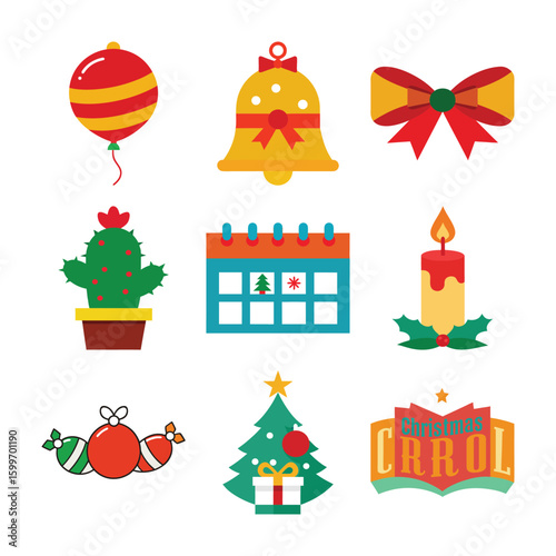 Colorful flat Christmas icon set featuring bell, gift, tree, ornament, cactus, calendar, candle, bow, and carol sign. Ideal for festive design, decoration, and holiday greeting projects.