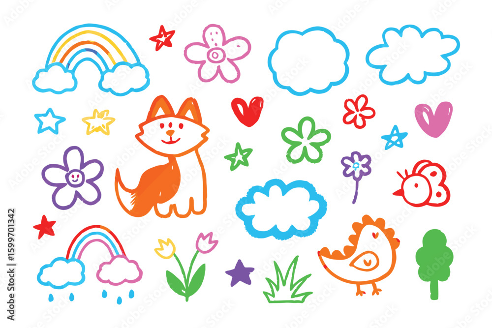 Obraz premium Kid's art Illustration: Whimsical, childlike drawings of colorful elements, including rainbow, flower, cloud, star, heart, cute dog, bird, butterfly and tree against a clean backdrop.