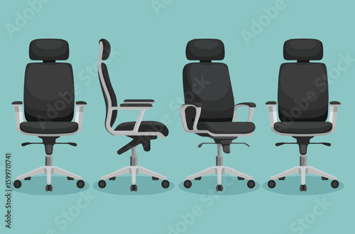 Variety of Modern Office Chairs Ergonomic Designs for Comfortable Workspaces Contemporary Furniture in a Set of Four on Blue Background