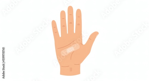 Minimalist Vector Illustration of Human Hand with Small Bandage on Palm – Flat Medical Infographic Style on White Background, Symbolizing First Aid or Minor Injury, Clean and Professional Design

