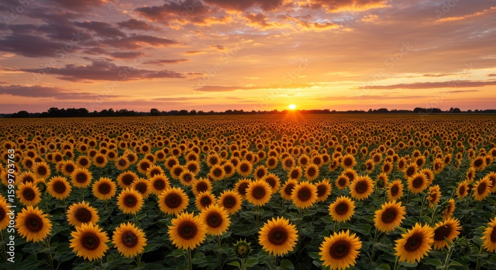 Fototapeta premium Sunflower Field at Sunset with Dramatic Sky Landscape