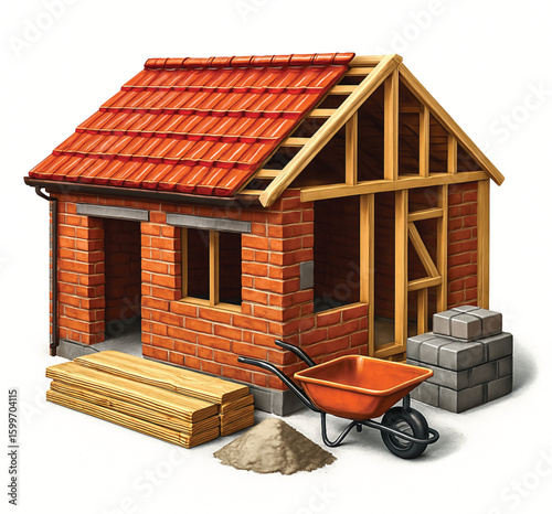 Old wooden house in a rural village with a wheelbarrow and a shovel outside