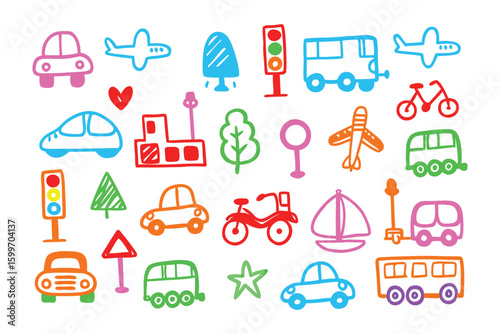 Colorful Doodle Transport Collection: A whimsical collection of colorful hand-drawn doodle illustrations, showcasing various modes of transportation.