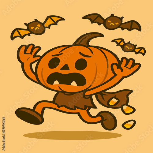 Scared pumpkin running from flying candy bats, arms raised, with candy corn spilling from its pocket, in a funny spooky cartoon style.
