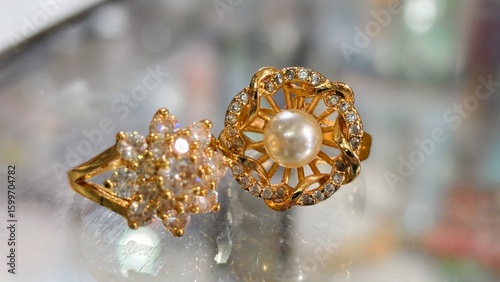 Elegant Floral Gold Ring Set: Pearl and Diamond Adornments,Shimmering Duo: Exquisite Gold Rings with Pearl Center and Diamond Embellishments