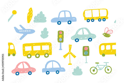 Colorful Transportation Array: A whimsical assortment of transportation icons, presented in a cheerful, child-friendly style, ready to stimulate imaginations and enhance any creative project.