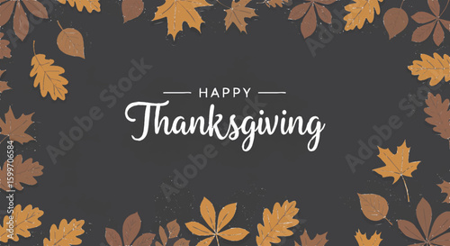 Elegant vector illustration of a "Happy Thanksgiving" greeting card designed with warm autumn tones. 