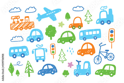 Childhood Transportation: A whimsical illustration of various vehicles, including cars, airplane, train, and bicycle. This colorful illustration invites children to explore the joy of travel.
