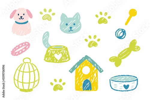 Pet Supplies Illustration: A colorful and whimsical illustration of essential pet supplies, designed with a crayon-like aesthetic that evokes warmth and playful charm.