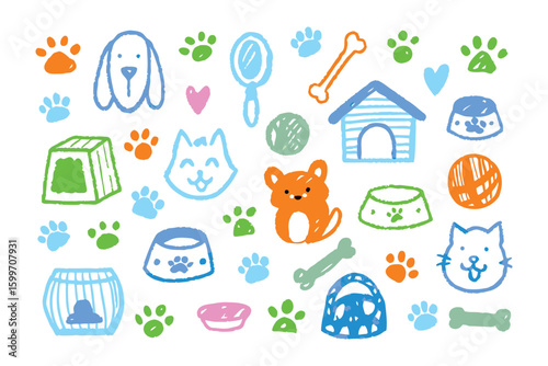 Pet Doodle Delight: A collection of whimsical hand-drawn illustrations featuring adorable pets and their accessories, each stroke conveying a sense of warmth and playfulness.