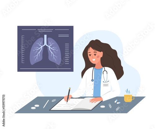 Pulmonology concept. Female doctor check X Ray scanning and fluorography. Health lungs check up. Vector illustration in flat cartoon style.