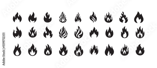 Fire icon collection. Fire flame symbol. Bonfire silhouette logotype,  Bonfire icons, flaming elements, vector illustration eps 10.
