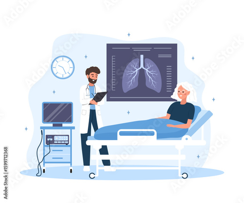 Pulmonologist concept. Lungs care and medical diagnostic. Male doctor examines fluorography. Flat Vector illustration.