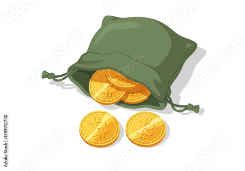Flat Vector Bitcoin Money Bag – Minimalist Crypto Wealth Illustration.