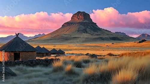 Scenic Lesotho Landscape with Traditional Huts against the backdrop of Thaba Bosiu Mountain