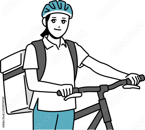 自転車を押している女性のフード配達員