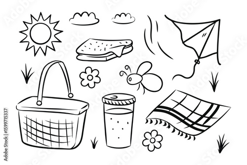 Picnic Day Sketch: a lively cartoon featuring a delightful picnic day with various elements and scenery to create a happy moment.
