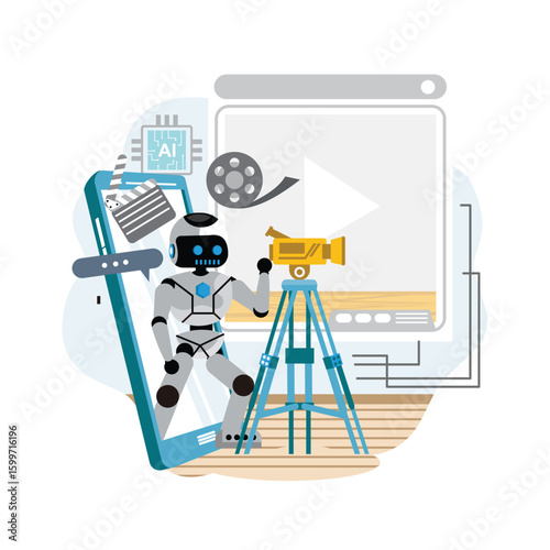 Futuristic robot filmmaker and AI technology in digital media production.