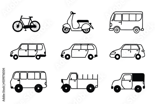 Transportation Icon Set: A collection of various transportation icons showcases diverse modes of travel in a minimalist design.