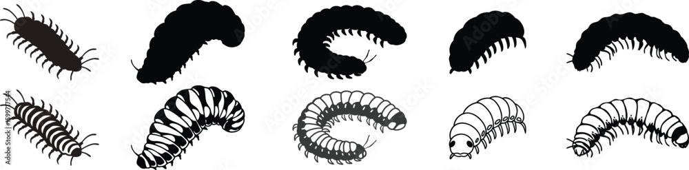 Naklejka premium caterpillar black silhouette vector, caterpillar line art illustration style.