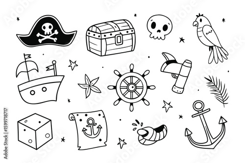 Treasure Island's Secrets: A treasure chest, pirate ship, and iconic skull and crossbones create an intriguing scene, and invites us into a whimsical world of adventure.