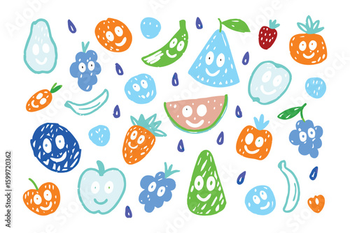Playful Fruit Faces: a delightful illustration bursting with colorful cartoon fruit smiling happily. Capturing the cheerful essence of a playful artistic scene.