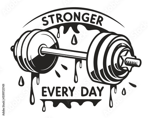 dumbbell illustration promotes daily strength and fitness with motivational text on a transparent background