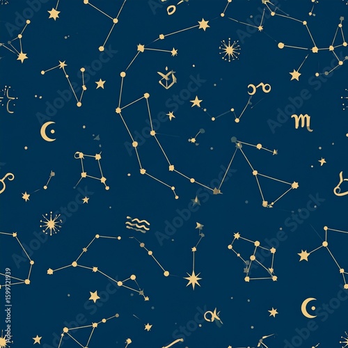 Tileable Pattern of Ancient Celestial Maps, Hand-Drawn Constellations, and Zodiac Symbols – Vintage Astronomy Design