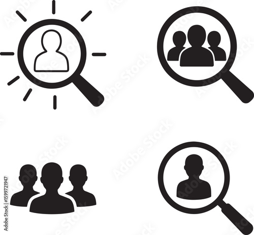 Magnifying glass and people icons representing search and recruitment