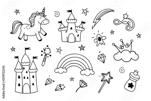 Magical Sketch Elements: A collection of whimsical black and white illustrations, perfect for adding a touch of enchantment and fantasy to any creative project. 