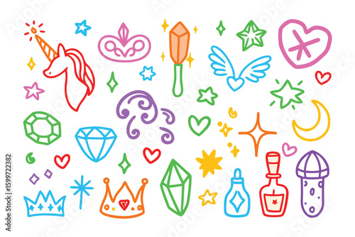 Magical Elements: Whimsical and colorful illustrations of fantastical elements, including unicorns, crowns, and gems, evoking a sense of enchantment and childhood wonder. 