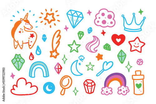 Whimsical Unicorn and Embellishments: A vibrant illustration features a charming unicorn surrounded by a collection of playful gems, stars, and whimsical elements.