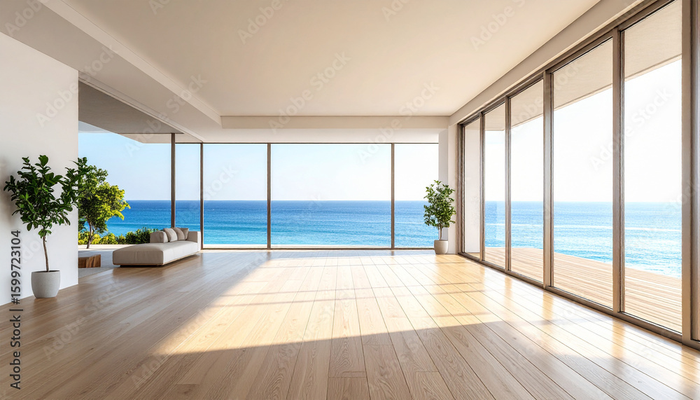 Fototapeta premium Coastal Haven: Luxurious Interior Design with Panoramic Ocean View