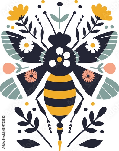 Bee flying happily among colorful flowers cartoon vector illustration