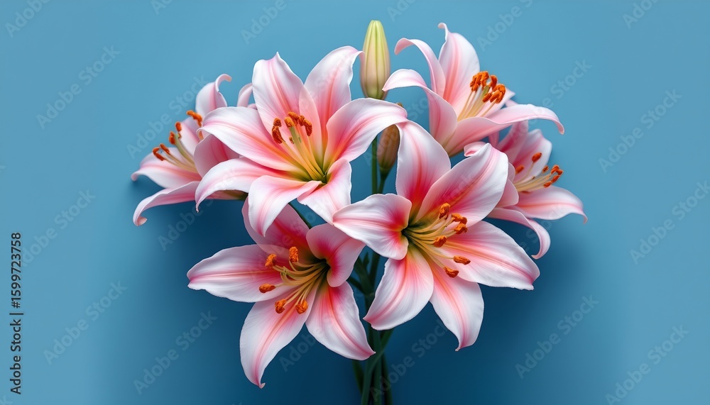 Fototapeta premium a vibrant bouquet of pink lilies with green stems, arranged in a vase with water and set against a backdrop that transitions from blue to gray.