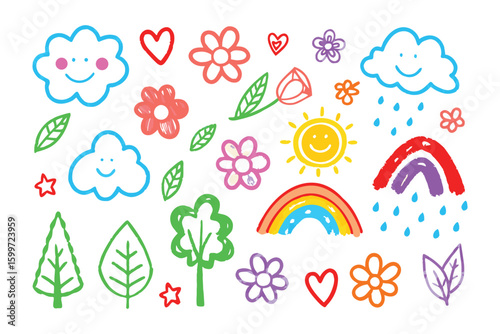 Cheerful Doodle Elements: A collection of whimsical, hand-drawn doodles, including clouds, hearts, flowers, rainbows, and trees. Perfect for adding a touch of fun and creativity to any design.
