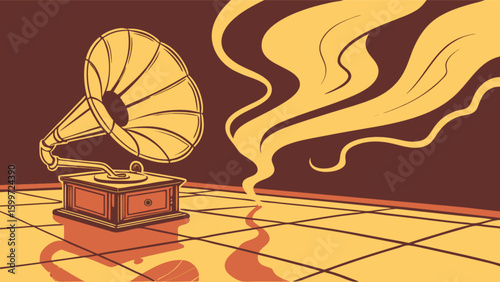 Vintage gramophone record player illustration with retro music and sound design for nostalgia  art