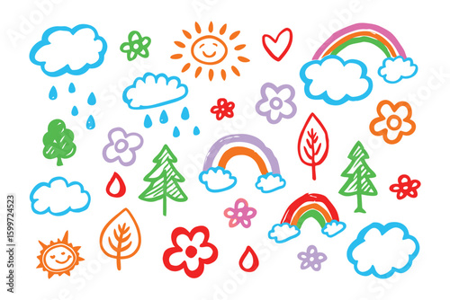 Joyful Scribbles of Nature: A cheerful, hand-drawn collection of whimsical elements, including rainbows, suns, clouds, raindrops, flowers and leaves, evoking a sense of innocence and playful delight.