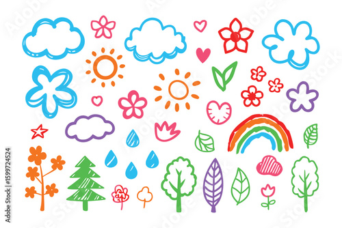 Whimsical Weather Wonders: A playful collection of hand-drawn weather elements and floral accents bursts with vibrant colors, bringing a touch of joy and imagination to the forefront. 