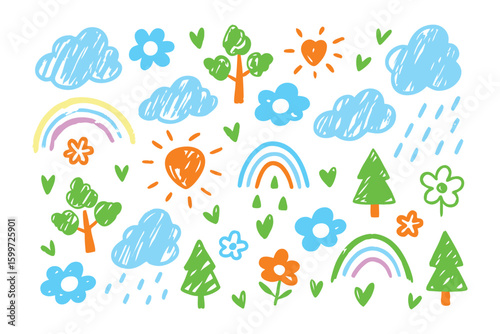Whimsical Doodle: Charming illustration of colorful hand-drawn elements evokes a sense of childlike wonder.