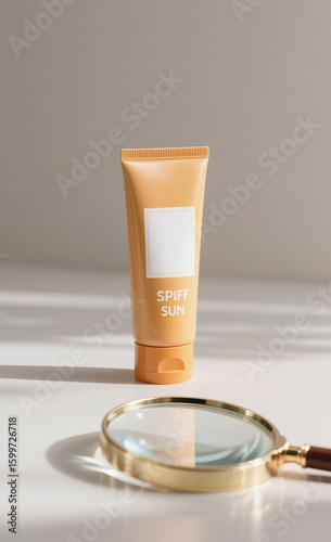 Skincare product concept with a generic sunscreen tube and a magnifying glass, representing sun protection research and ingredient analysis.
