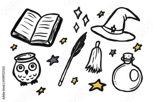 Magical Illustration: A whimsical collection of a spellbook, witch hat, owl, stars, feather quill, broom, and potion bottle, perfect for illustrating fantasy and enchantment.