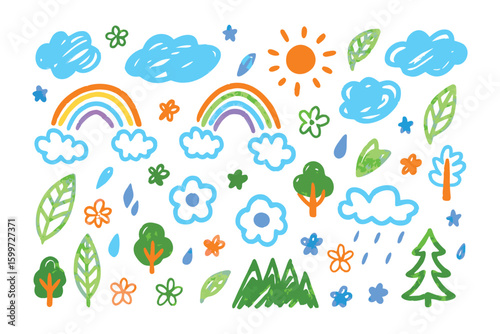 Child's Play: A whimsical scene of colorful rainbows, fluffy clouds, radiant sun, lush trees, blossoming flowers and the vibrant leaves, hand-drawn with childlike wonder and innocent joy.