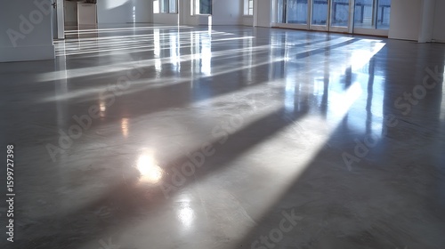 Smooth polished concrete floor with sharp light reflections