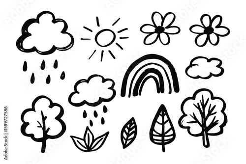 Hand-Drawn Nature Elements: An endearing assortment of hand-drawn elements capture the simplicity and beauty of the natural world. From whimsical clouds to radiant sun, floral motifs.