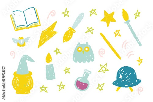 Magical Collection of Symbols: A whimsical array of hand-drawn symbols conjures enchantment, including stars, wand, spellbook, magic potions, owls and wands. Evoking a sense of fantasy, wonder.