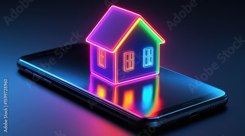 Neon house icon on smartphone screen with colorful glowing outline and reflection on dark surface