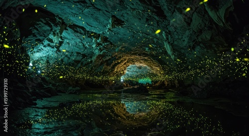Enchanting Cave of Fireflies: Glowing Lights Reflecting in Water, Night Scene.
