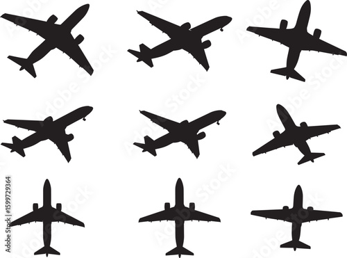 Collection of nine black airplane silhouettes in various flight positions